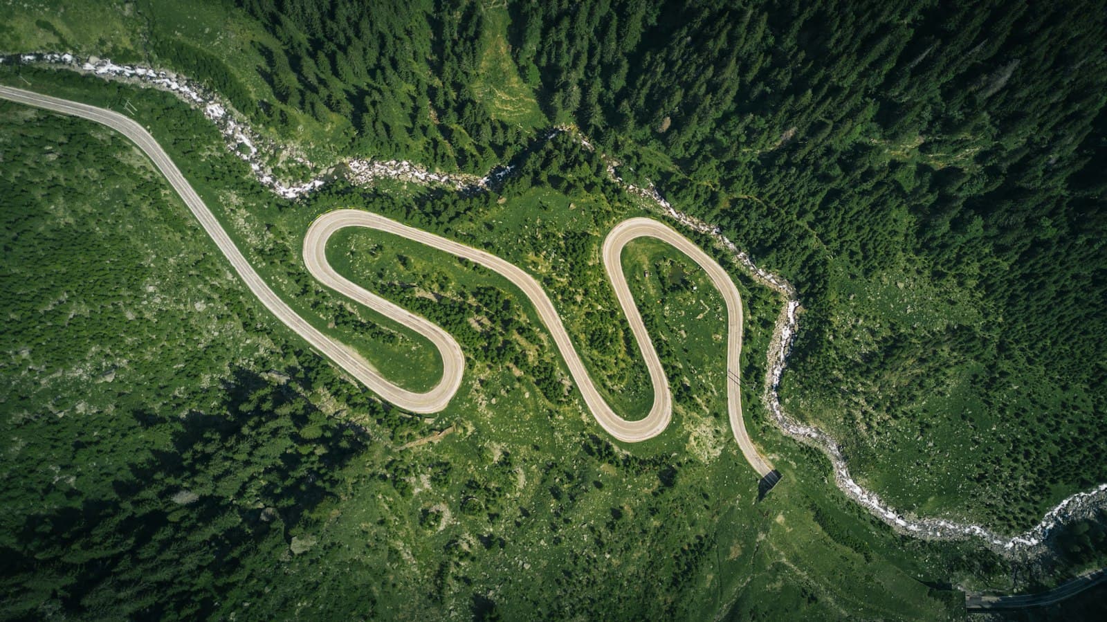 Aerial view of a winding road through a forest