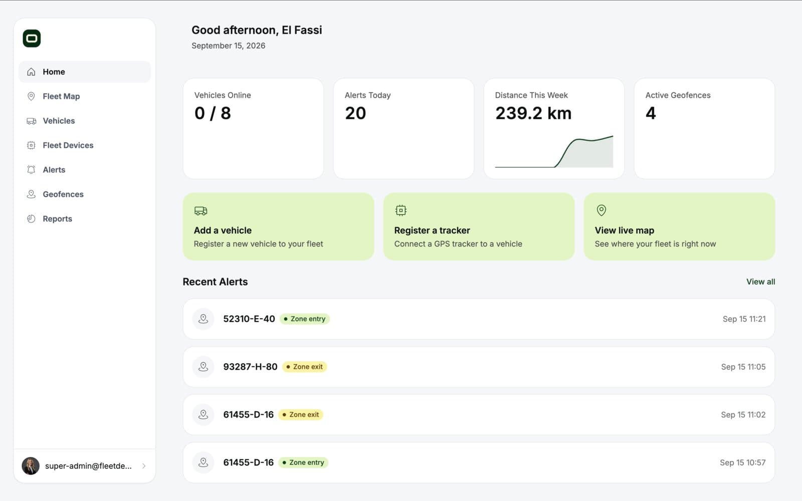 Opilote fleet dashboard with vehicle stats and recent alerts