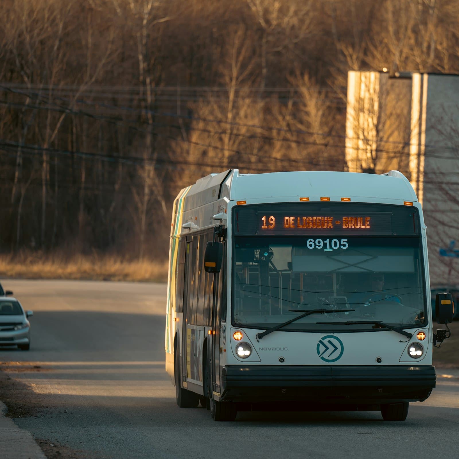Bus driving down a street next to a forest