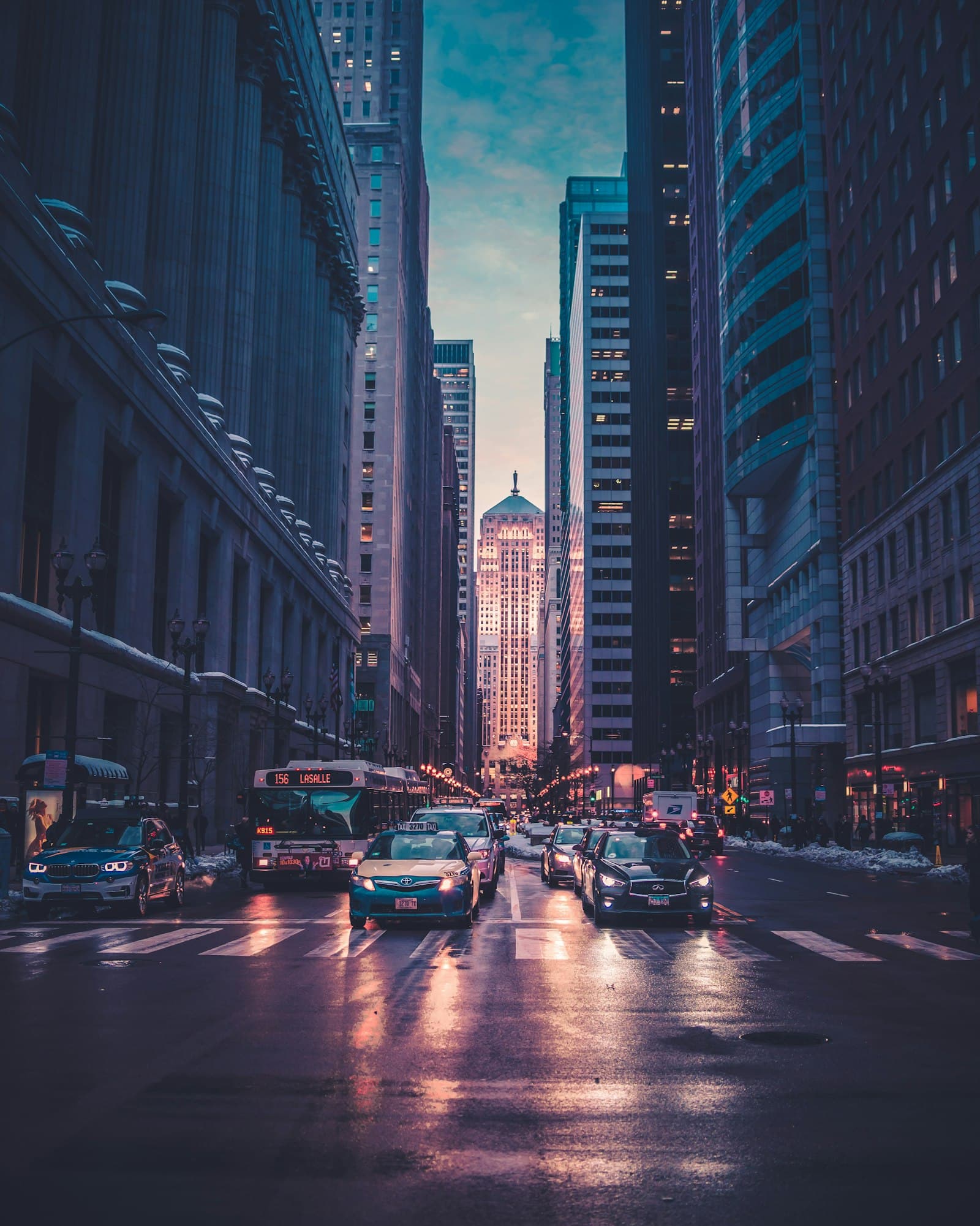 City street traffic at dusk